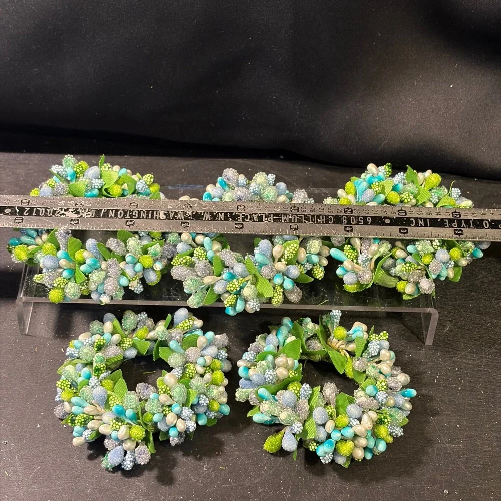 Set of 5 Teal and Green Beaded Berry Floral Napkin Rings Spring Garden Decor